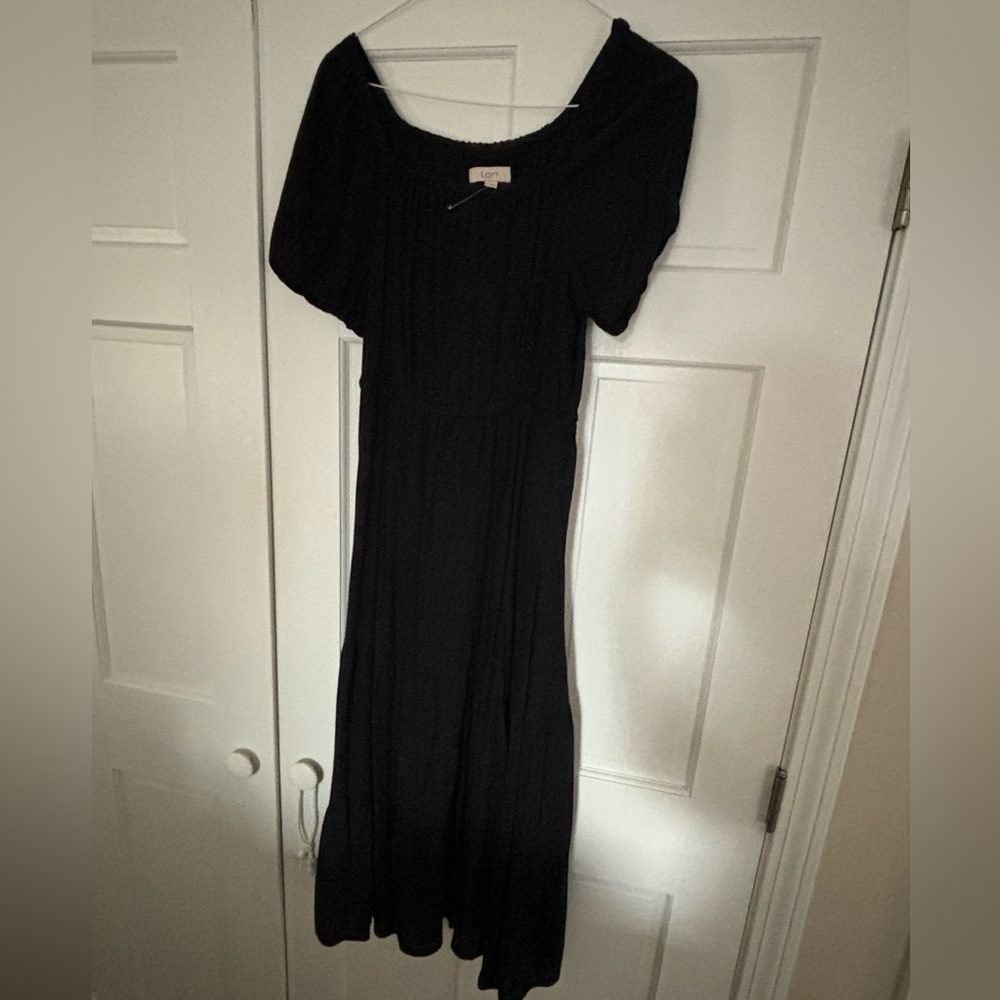 Loft black mid length dress with puff sleeves